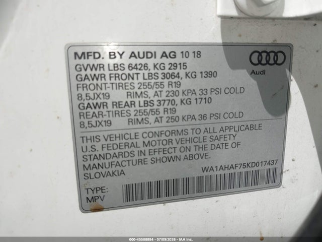 Aukcja sprzedaży 2019 Audi Q7, vin: WA1AHAF75KD017437, numer aukcji: 45588884