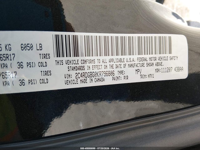 Aukcja sprzedaży 2019 Dodge Grand Caravan Se, vin: 2C4RDGBG0KR796806, numer aukcji: 45588899
