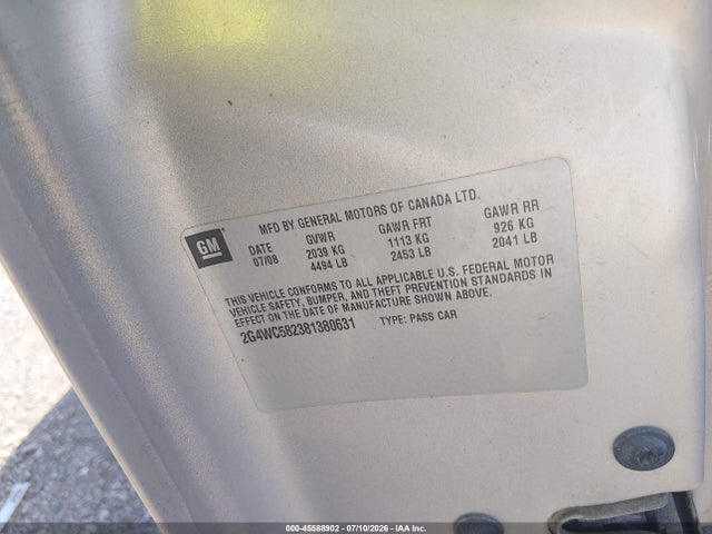 Aukcja sprzedaży 2008 Buick Lacrosse Cx, vin: 2G4WC582381380631, numer aukcji: 45588902