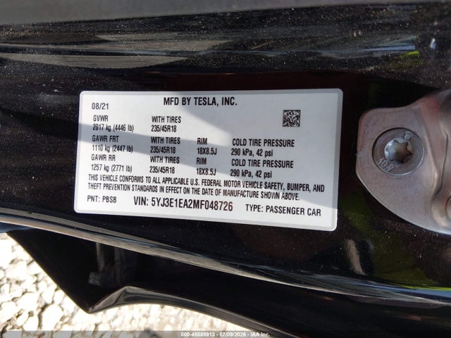 Продаж на аукціоні авто 2021 Tesla Model 3 Standard Range Plus Rear-wheel Drive, vin: 5YJ3E1EA2MF048726, номер лоту: 45588913