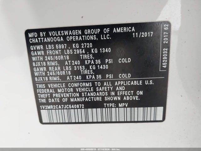 Продажа на аукционе авто 2018 Volkswagen Atlas 3.6l V6 Sel, vin: 1V2MR2CA7JC540872, номер лота: 45588919