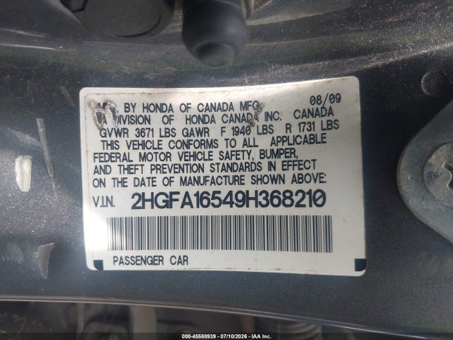 Продажа на аукционе авто 2009 Honda Civic Lx, vin: 2HGFA16549H368210, номер лота: 45588939