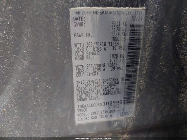 1N6AA1EC0RN109999 Nissan Titan Sv 4x4