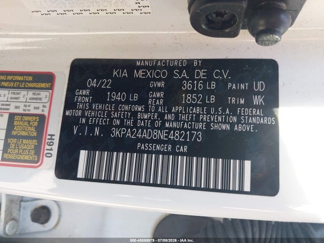 Продаж на аукціоні авто 2022 Kia Rio S, vin: 3KPA24AD8NE482173, номер лоту: 45588979