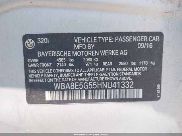 Продаж на аукціоні авто 2017 Bmw 320i Xdrive, vin: WBA8E5G55HNU41332, номер лоту: 45588991