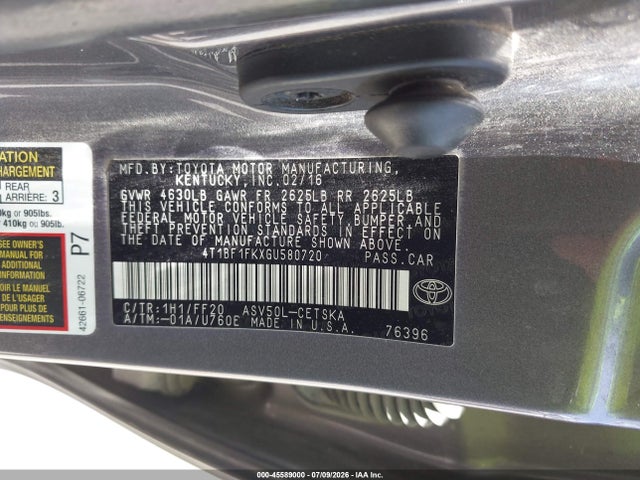 Aukcja sprzedaży 2016 Toyota Camry Se, vin: 4T1BF1FKXGU580720, numer aukcji: 45589000