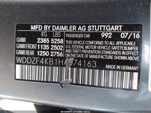 Aukcja sprzedaży 2017 Mercedes-benz E 300 4matic, vin: WDDZF4KB1HA074163, numer aukcji: 45589017