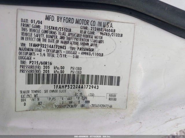 Продажа на аукционе авто 2004 Ford Taurus Lx, vin: 1FAHP52214A172943, номер лота: 45589030