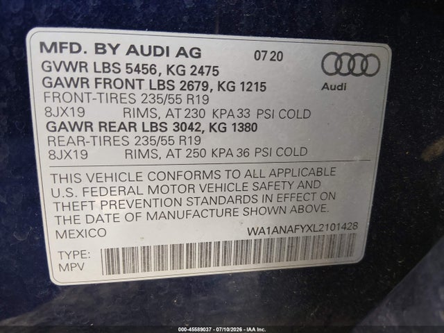 Aukcja sprzedaży 2020 Audi Q5 Premium 45 Tfsi Quattro S Tronic, vin: WA1ANAFYXL2101428, numer aukcji: 45589037