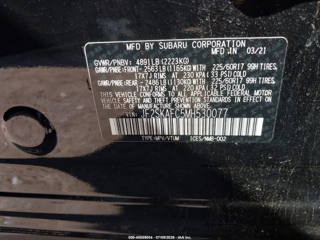 45589054 :رقم المزاد ، JF2SKAFC5MH530077 vin ، 2021 Subaru Forester Premium مزاد بيع