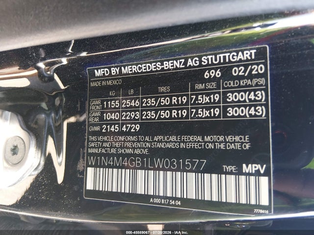 Auction sale of the 2020 Mercedes-benz Glb 250, vin: W1N4M4GB1LW031577, lot number: 45589067