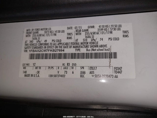 45589077 :رقم المزاد ، 1FBAX2CM7FKB27694 vin ، 2015 Ford Transit-350 Xlt مزاد بيع