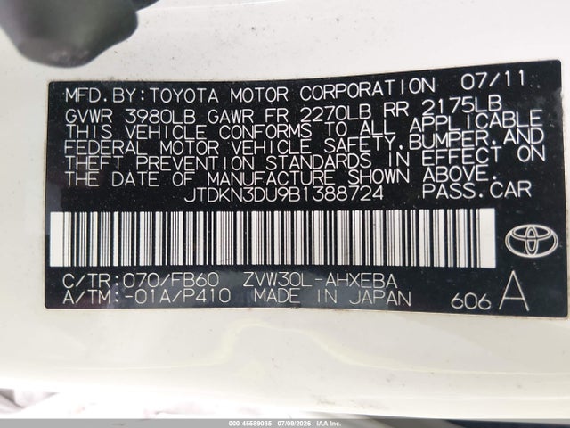 45589085 :رقم المزاد ، JTDKN3DU9B1388724 vin ، 2011 Toyota Prius مزاد بيع