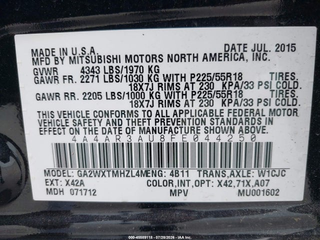 Продажа на аукционе авто 2015 Mitsubishi Outlander Sport Es, vin: 4A4AR3AU8FE044250, номер лота: 45589118