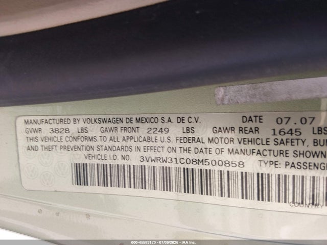Продажа на аукционе авто 2008 Volkswagen New Beetle S/se, vin: 3VWRW31C08M500858, номер лота: 45589120