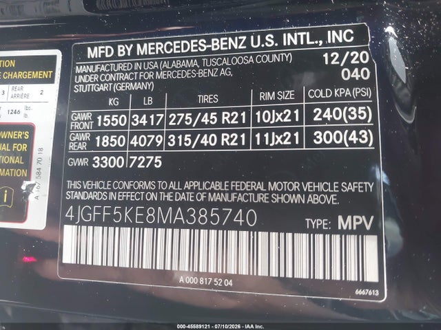 Auction sale of the 2021 Mercedes-benz Gls 450 4matic, vin: 4JGFF5KE8MA385740, lot number: 45589121