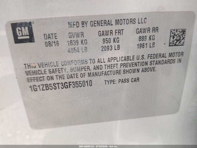Продаж на аукціоні авто 2016 Chevrolet Malibu Ls, vin: 1G1ZB5ST3GF355010, номер лоту: 45589123