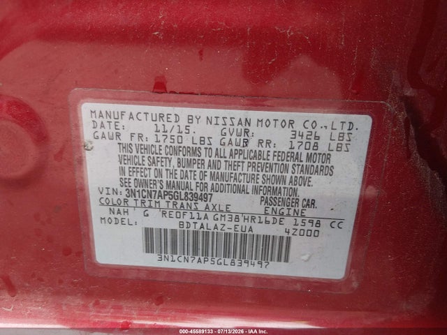 Продажа на аукционе авто 2016 Nissan Versa 1.6 S+, vin: 3N1CN7AP5GL839497, номер лота: 45589133