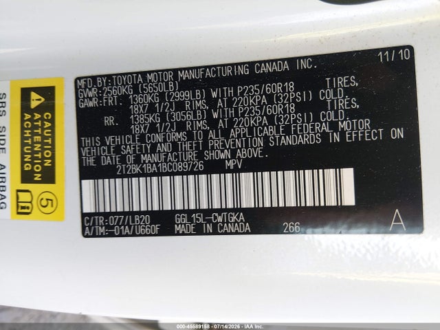 2011 Lexus Rx 350 მანქანა იყიდება აუქციონზე, vin: 2T2BK1BA1BC089726, აუქციონის ნომერი: 45589158