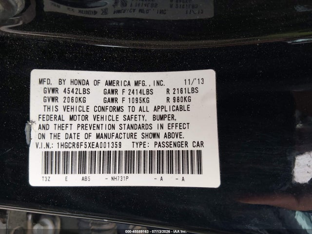 45589163 :رقم المزاد ، 1HGCR6F5XEA001359 vin ، 2014 Honda Accord Hybrid Ex-l مزاد بيع