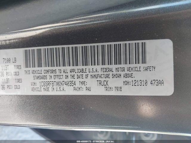 Aukcja sprzedaży 2019 Ram 1500 Big Horn/lone Star  4x4 6'4 Box, vin: 1C6SRFBTXKN740354, numer aukcji: 45589173