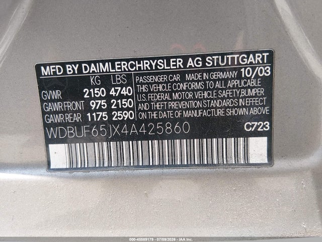 45589179 :رقم المزاد ، WDBUF65JX4A425860 vin ، 2004 Mercedes-benz E 320 مزاد بيع
