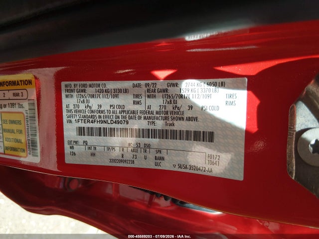 Ford Ranger Lariat 2022 1FTER4FH9NLD49079 Image 9