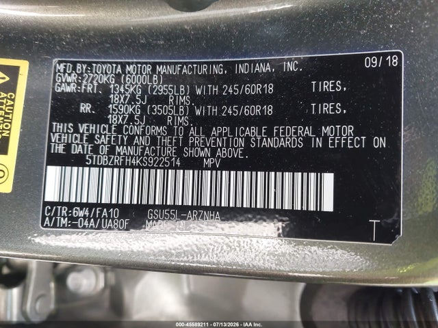 45589211 :رقم المزاد ، 5TDBZRFH4KS922514 vin ، 2019 Toyota Highlander Le Plus مزاد بيع