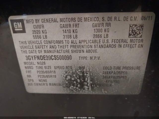 45589219 :رقم المزاد ، 3GYFNDE39CS500090 vin ، 2012 Cadillac Srx Luxury Collection مزاد بيع
