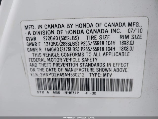 Продаж на аукціоні авто 2010 Acura Mdx Technology Package, vin: 2HNYD2H49AH530212, номер лоту: 45589221