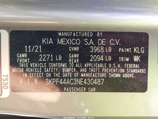 45589223 :رقم المزاد ، 3KPF44AC3NE430487 vin ، 2022 Kia Forte Gt مزاد بيع