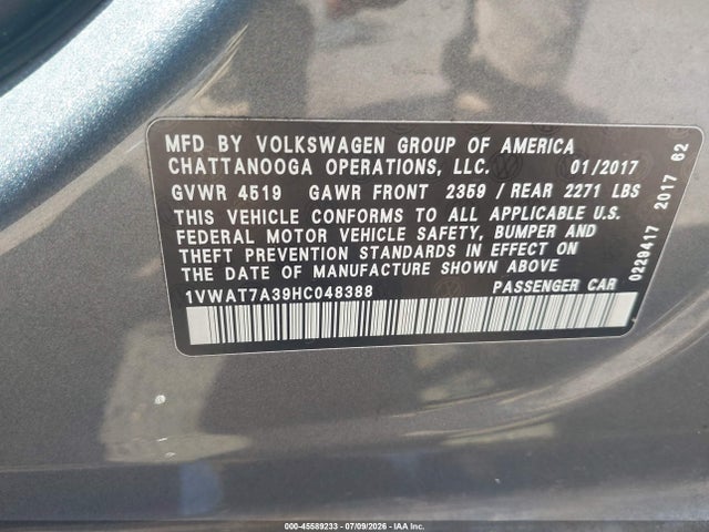 45589233 :رقم المزاد ، 1VWAT7A39HC048388 vin ، 2017 Volkswagen Passat 1.8t S مزاد بيع