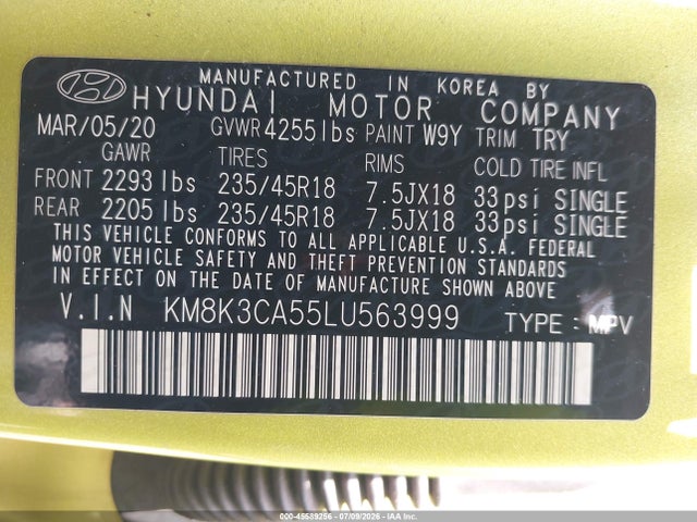 Продаж на аукціоні авто 2020 Hyundai Kona Limited, vin: KM8K3CA55LU563999, номер лоту: 45589256