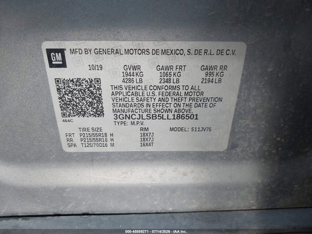 Aukcja sprzedaży 2020 Chevrolet Trax Fwd Lt, vin: 3GNCJLSB5LL186501, numer aukcji: 45589271