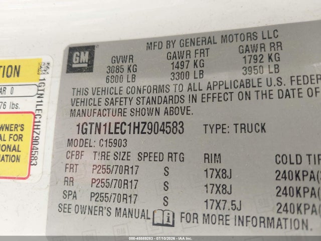 Aukcja sprzedaży 2017 Gmc Sierra 1500, vin: 1GTN1LEC1HZ904583, numer aukcji: 45589283