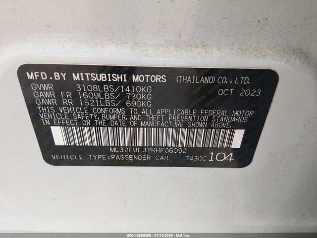 45589296 :رقم المزاد ، ML32FUFJ2RHF06092 vin ، 2024 Mitsubishi Mirage G4 Es مزاد بيع