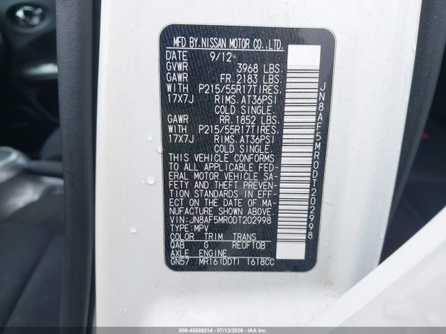 Продажа на аукционе авто 2013 Nissan Juke Sv, vin: JN8AF5MR0DT202998, номер лота: 45589314