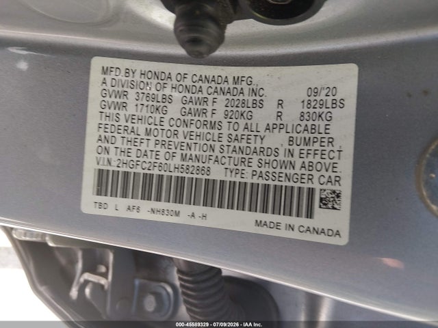 Aukcja sprzedaży 2020 Honda Civic Lx, vin: 2HGFC2F60LH582868, numer aukcji: 45589329