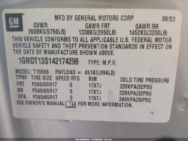 Продаж на аукціоні авто 2004 Chevrolet Trailblazer Ls/lt, vin: 1GNDT13S142174298, номер лоту: 45589339
