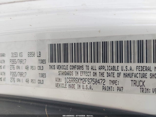 45589352 :رقم المزاد ، 1C6RR6KM2FS750472 vin ، 2015 Ram 1500 Tradesman مزاد بيع
