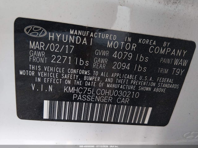 Продажа на аукционе авто 2017 Hyundai Ioniq Hybrid Sel, vin: KMHC75LC0HU030210, номер лота: 45589360