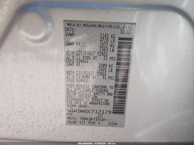45589364 :رقم المزاد ، 5N1AT2MV6JC712179 vin ، 2018 Nissan Rogue Sv مزاد بيع