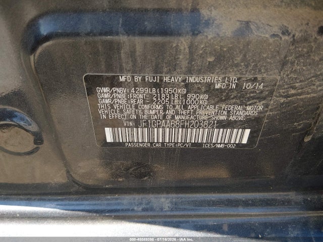 45589398 :رقم المزاد ، JF1GPAA68FH203821 vin ، 2015 Subaru Impreza 2.0i مزاد بيع