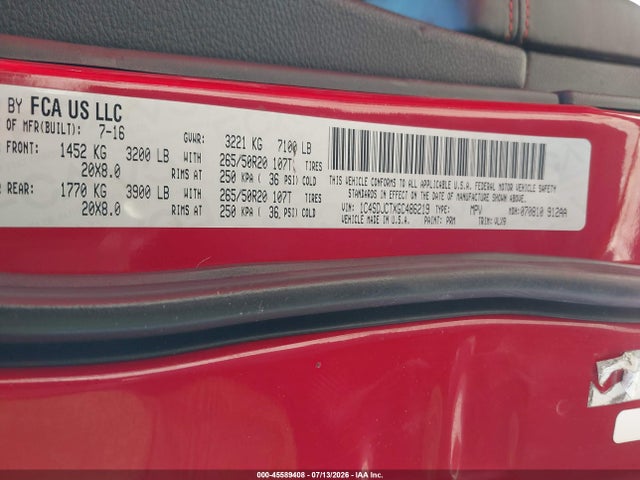 Aukcja sprzedaży 2016 Dodge Durango R/t, vin: 1C4SDJCTXGC486219, numer aukcji: 45589408