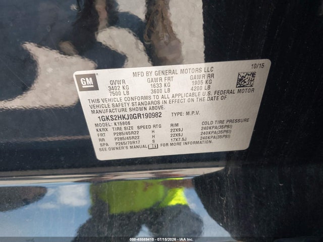 2016 Gmc Yukon Xl Denali მანქანა იყიდება აუქციონზე, vin: 1GKS2HKJ0GR190982, აუქციონის ნომერი: 45589410