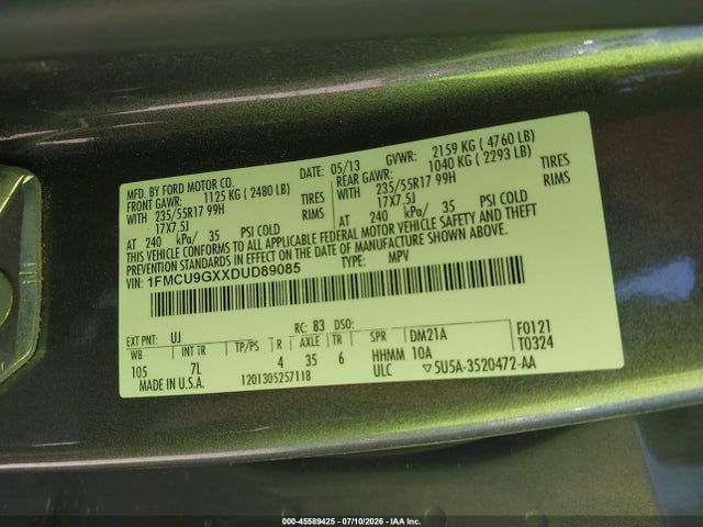 45589425 :رقم المزاد ، 1FMCU9GXXDUD89085 vin ، 2013 Ford Escape Se مزاد بيع