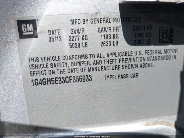 45589436 :رقم المزاد ، 1G4GH5E33CF356933 vin ، 2012 Buick Lacrosse Premium 3 Group مزاد بيع