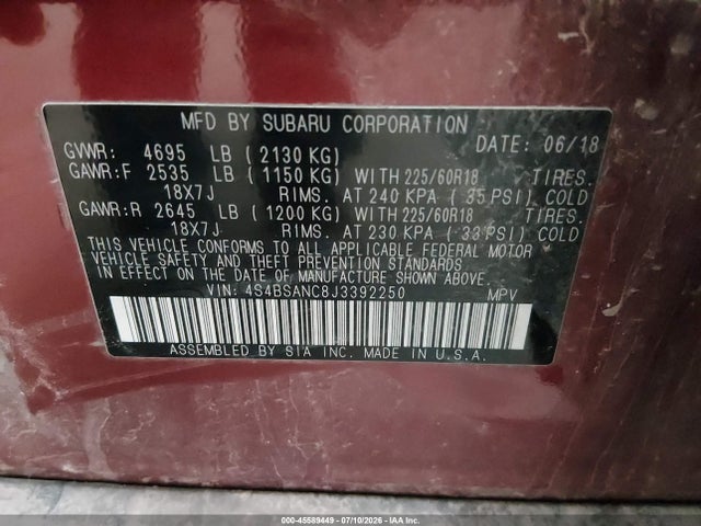 45589449 :رقم المزاد ، 4S4BSANC8J3392250 vin ، 2018 Subaru Outback 2.5i Limited مزاد بيع