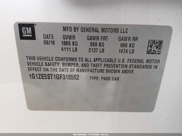 Продаж на аукціоні авто 2016 Chevrolet Malibu 1lt, vin: 1G1ZE5ST1GF318562, номер лоту: 45589452
