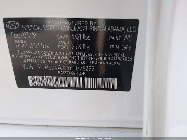 2019 Hyundai Sonata Eco მანქანა იყიდება აუქციონზე, vin: 5NPE24AA4KH775292, აუქციონის ნომერი: 45589474